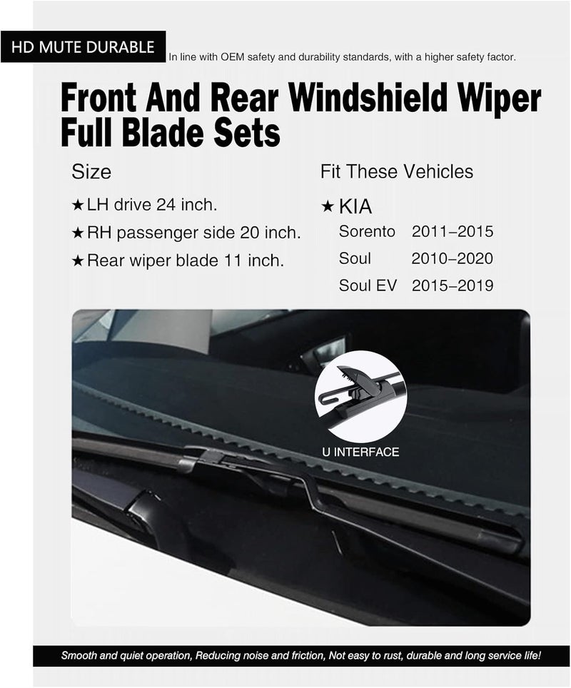 FAPIUO Replacement for Kia Sorento 2011-2015,Soul 2010-2020,Soul EV 2015-2019 Silent Wipers - Front and Rear Windshield Wipers 24"/20"+11 Full Blade Set (3 Pack) - Image 2